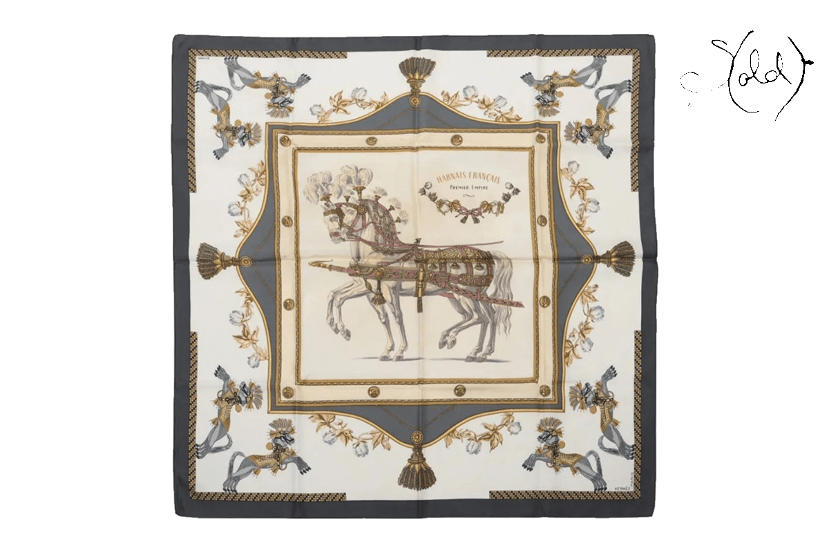 Hermès Harnais Français grey silk scarf from the Sold Attire archive, illustrating the scarf guide
