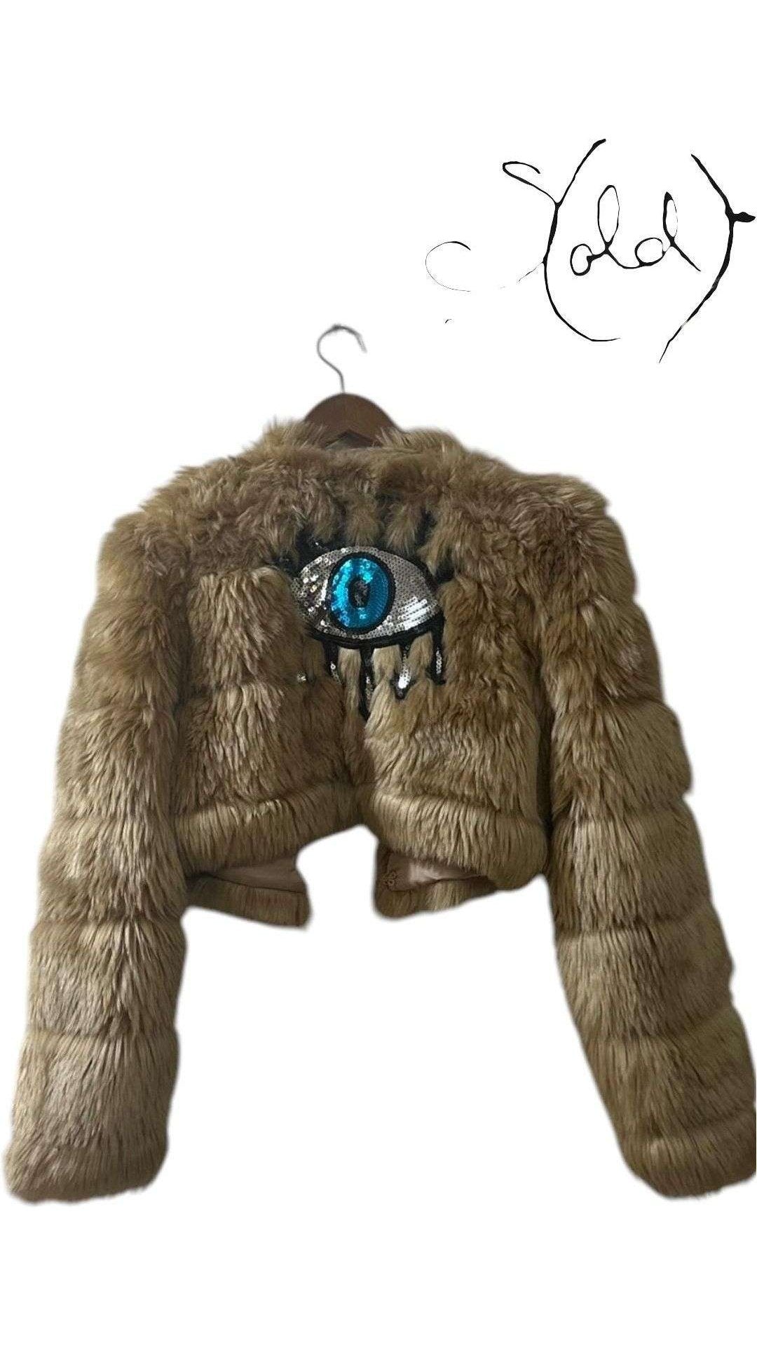 Camel Faux Fur Cropped Jacket - Eye Detail Jacket, old-money, Rare Gems