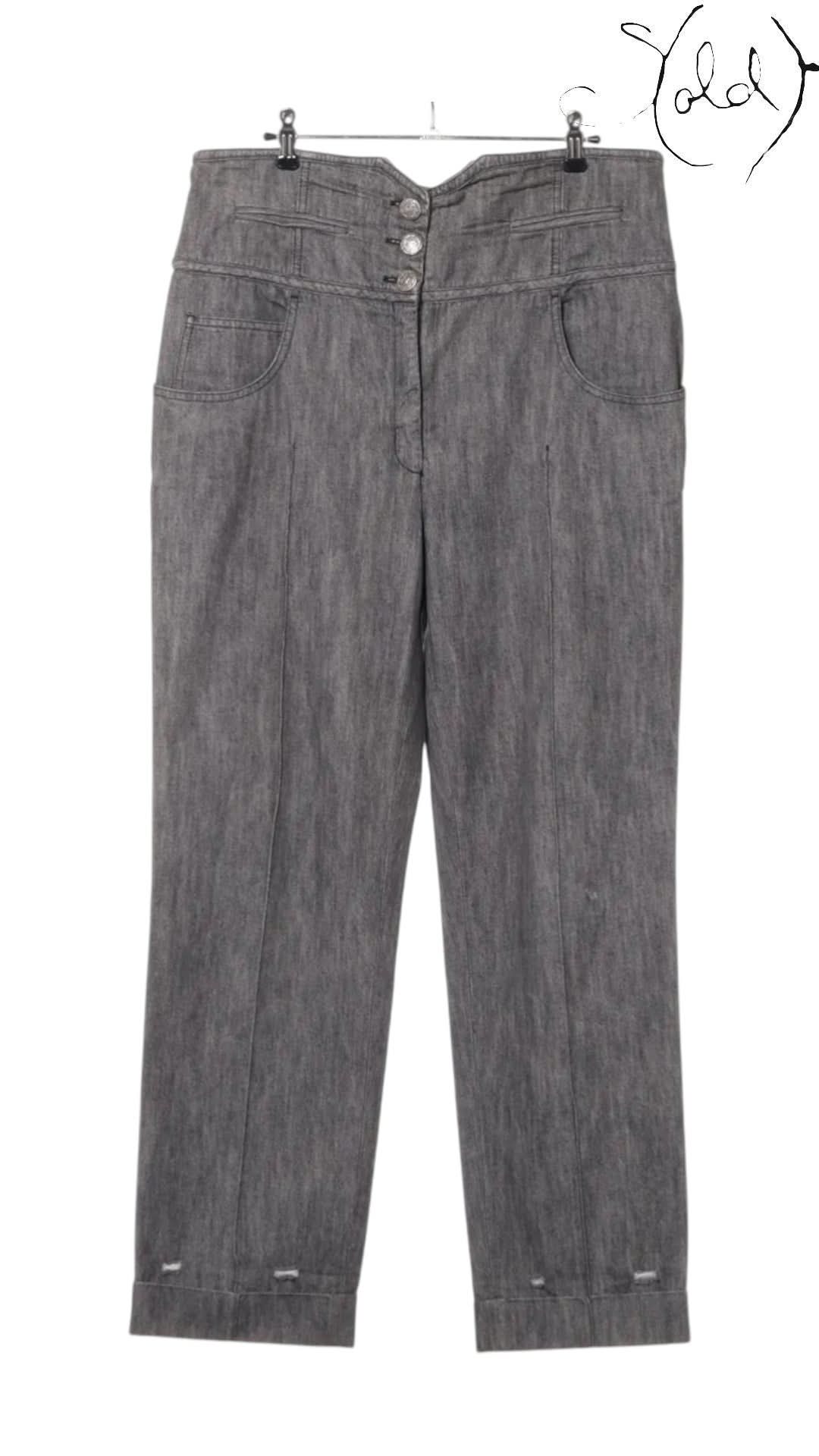 Chanel Coco Button Grey Cotton Denim Pants Size 40-42 Signature CC Hardware | Sold Attire