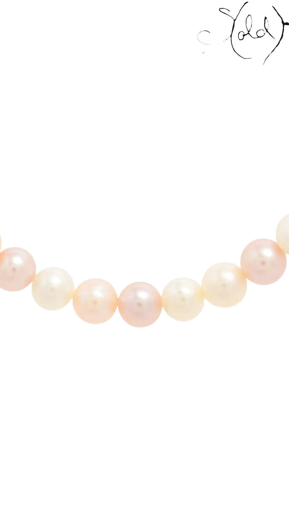 Sold Attire Akoya pearl necklace featuring a strand of lustrous pink and peach pearls with a delicate, rounded shape.