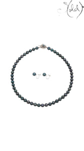 Sold Attire dark green-blue Akoya pearl necklace and matching earrings with K14 white gold hardware on white background