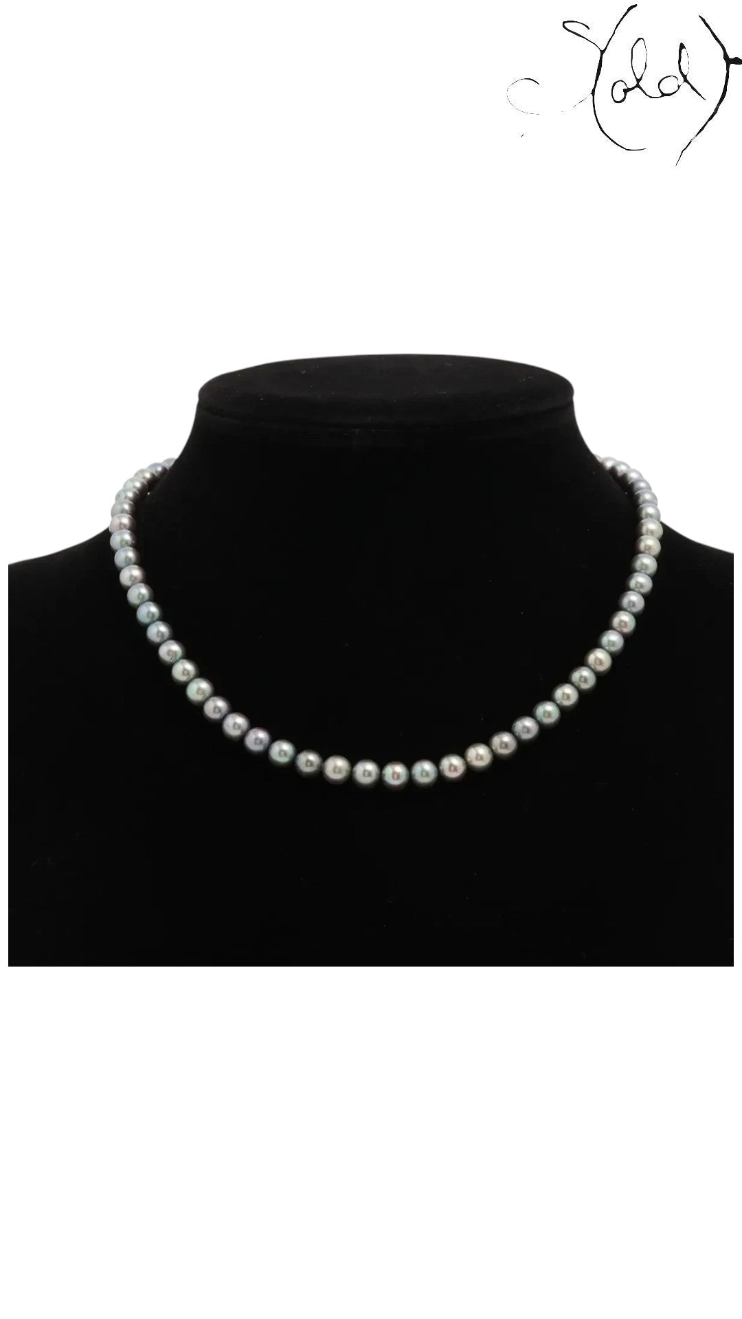 Sold Attire dark-tone Akoya cultured pearl necklace with SV clasp, 42.3 cm length, grey with green, violet and silver tones.