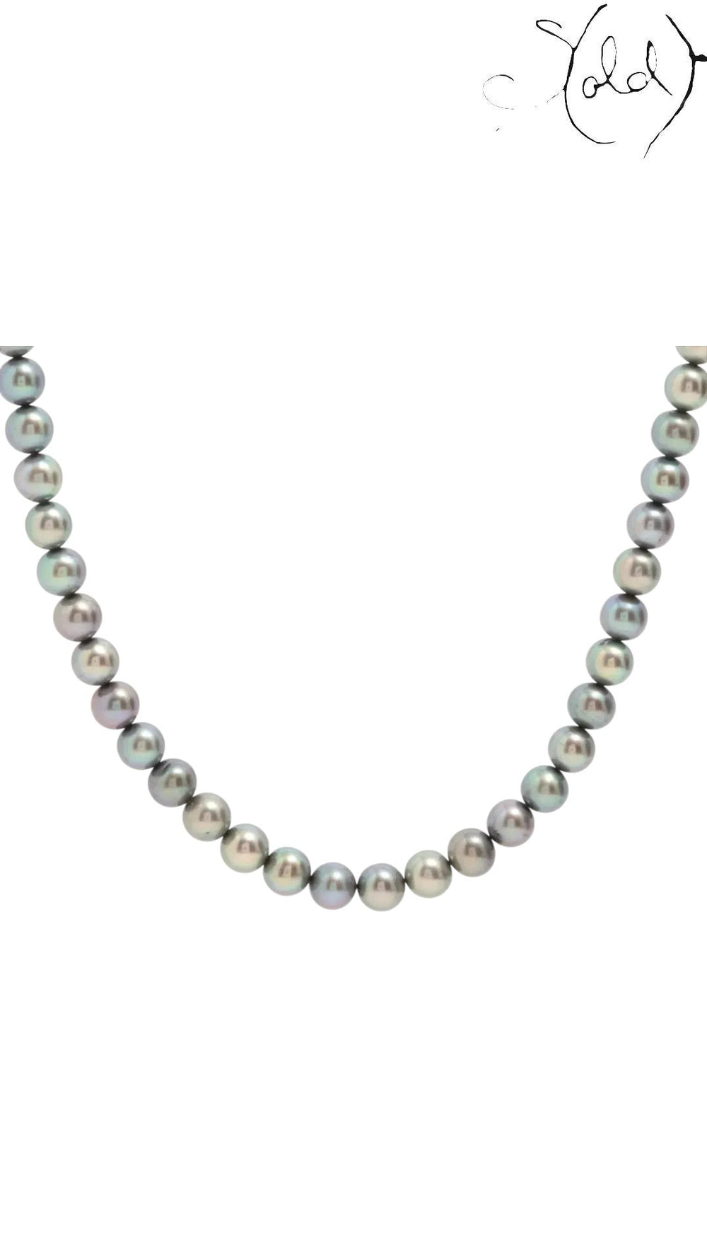 Sold Attire dark-tone Akoya pearl necklace with grey, green, violet and silver tones on an SV clasp.