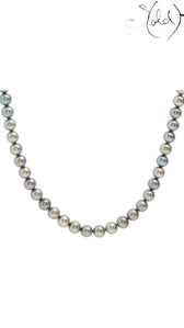 Sold Attire dark-tone Akoya pearl necklace with grey, green, violet and silver tones on an SV clasp.