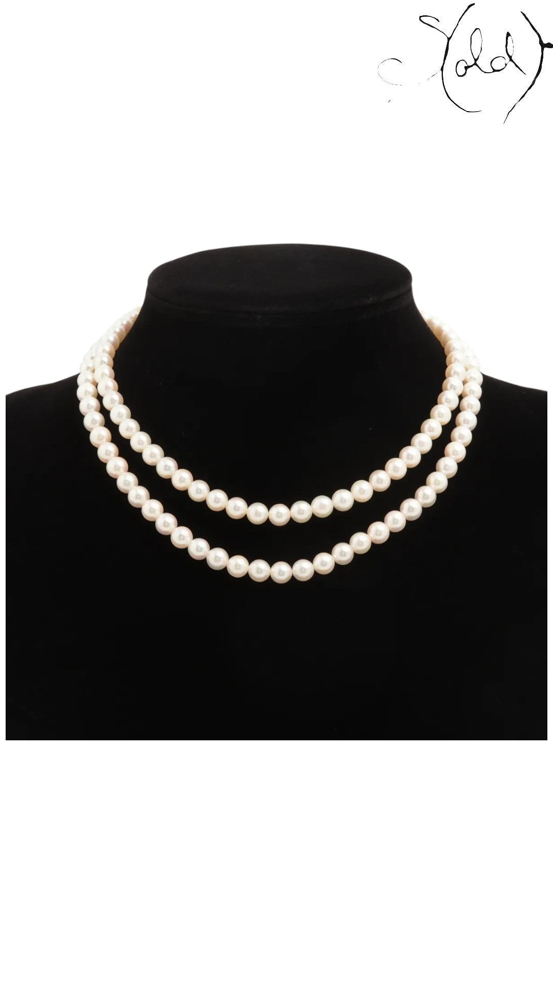 Sold Attire Akoya white two-row pearl necklace with SV floral clasp, 41.6 cm length.