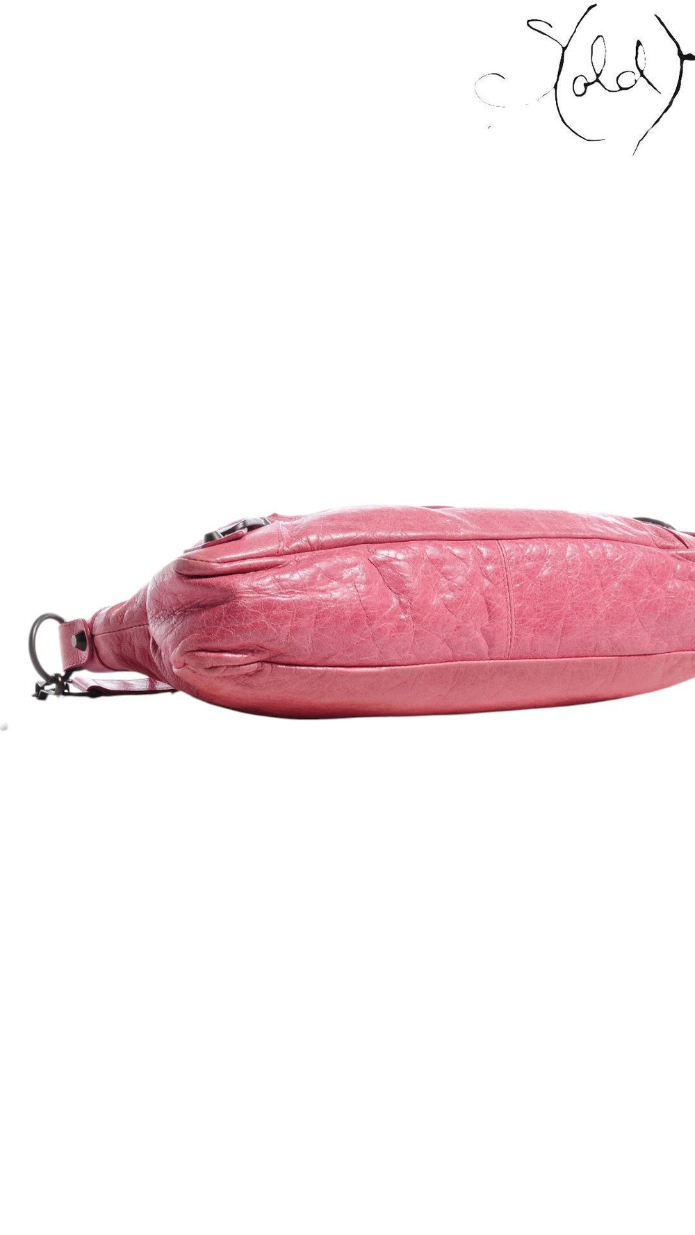 Sold Attire hot pink distressed lambskin Balenciaga The First 2-Way handbag with classic motorcycle studs and tassel zip pulls.