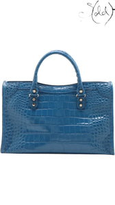 Sold Attire Balenciaga Bleu Marine crocodile-embossed calfskin City bag with rolled handles and classic hardware.