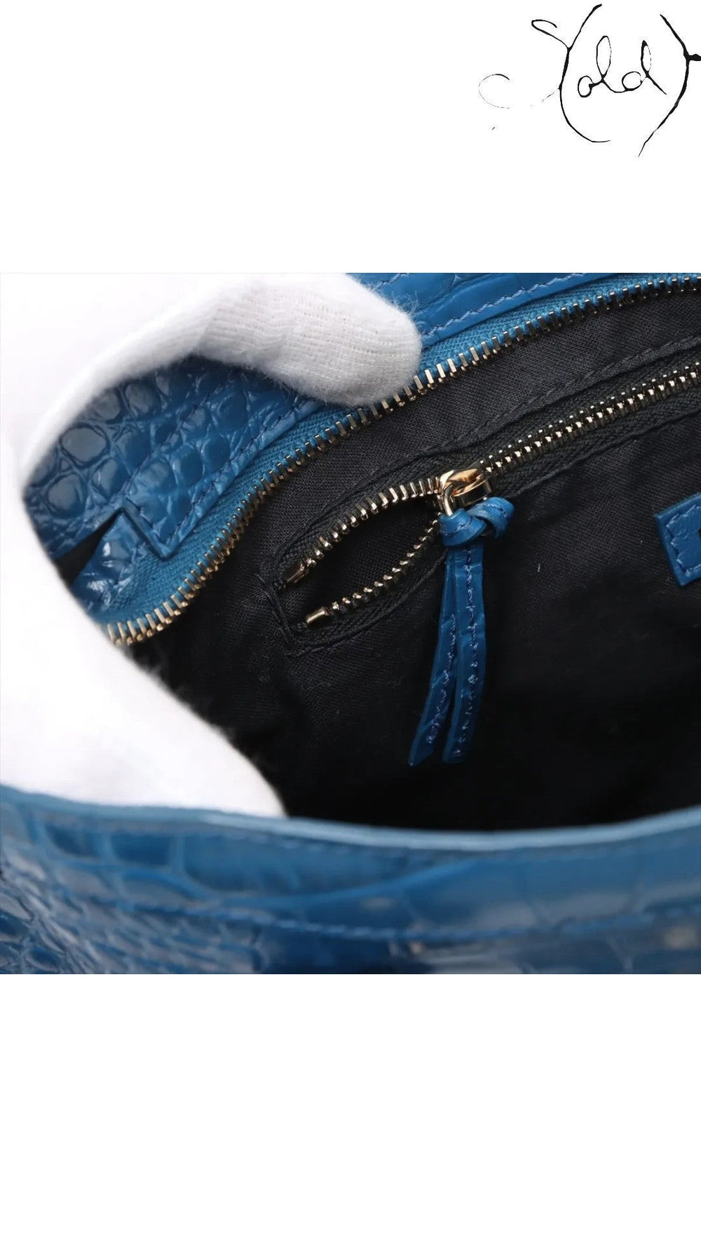 Sold Attire Balenciaga City bag interior in bleu marine croc-embossed calfskin with black fabric lining and zipper pocket