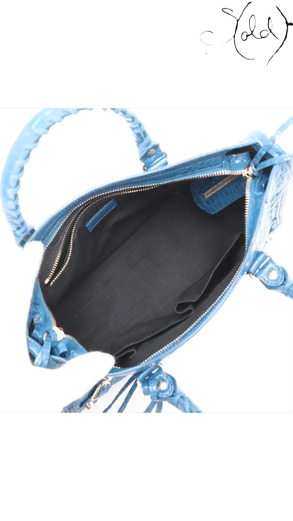 Sold Attire Balenciaga City bag interior in Bleu Marine croc-embossed calfskin with black fabric lining and pockets.