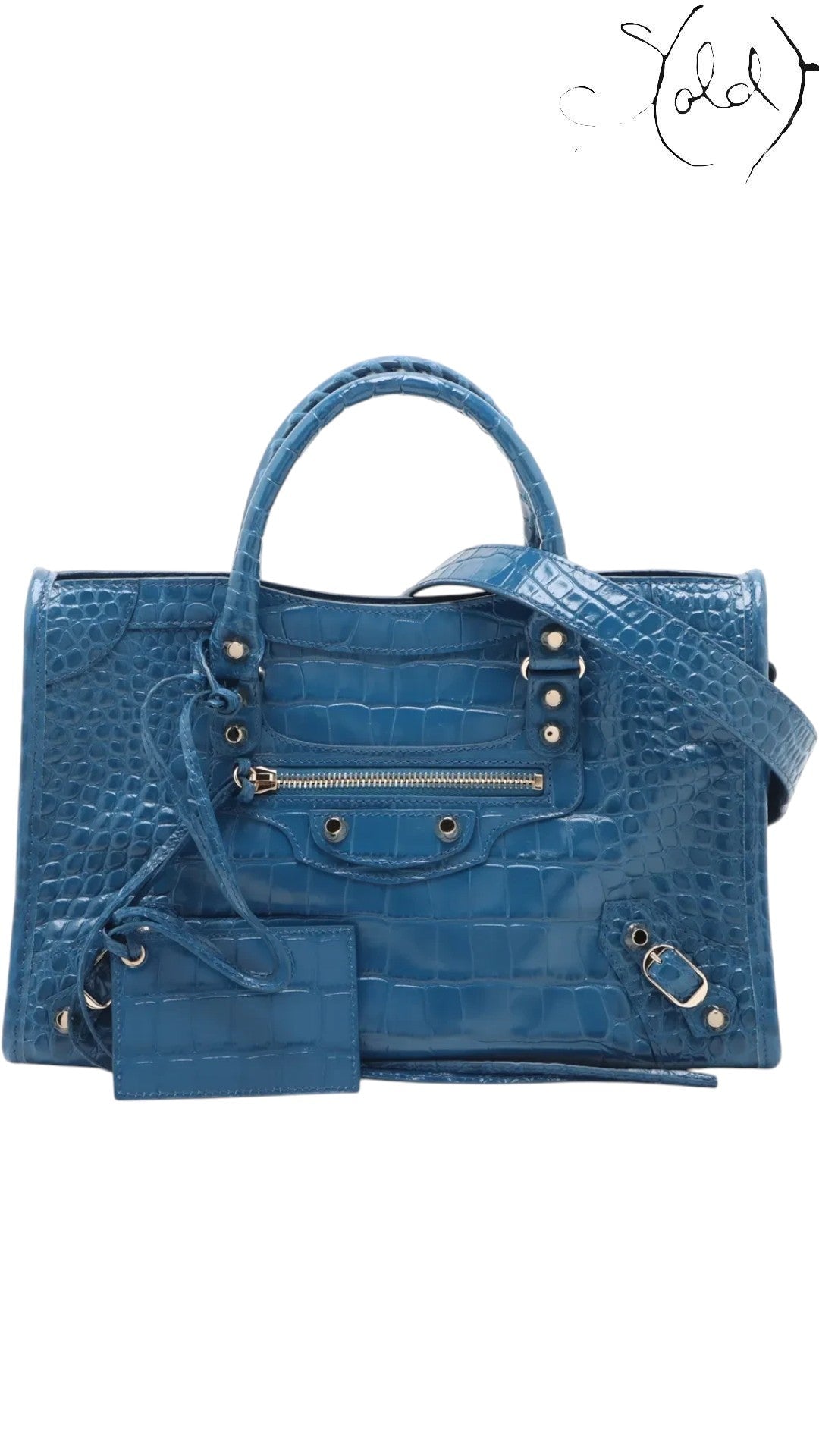 Sold Attire Balenciaga Bleu Marine crocodile-embossed calfskin City bag with signature studs and rolled handles.
