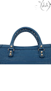Sold Attire Balenciaga City bag in Bleu Marine crocodile-embossed calfskin with signature rolled braided handle