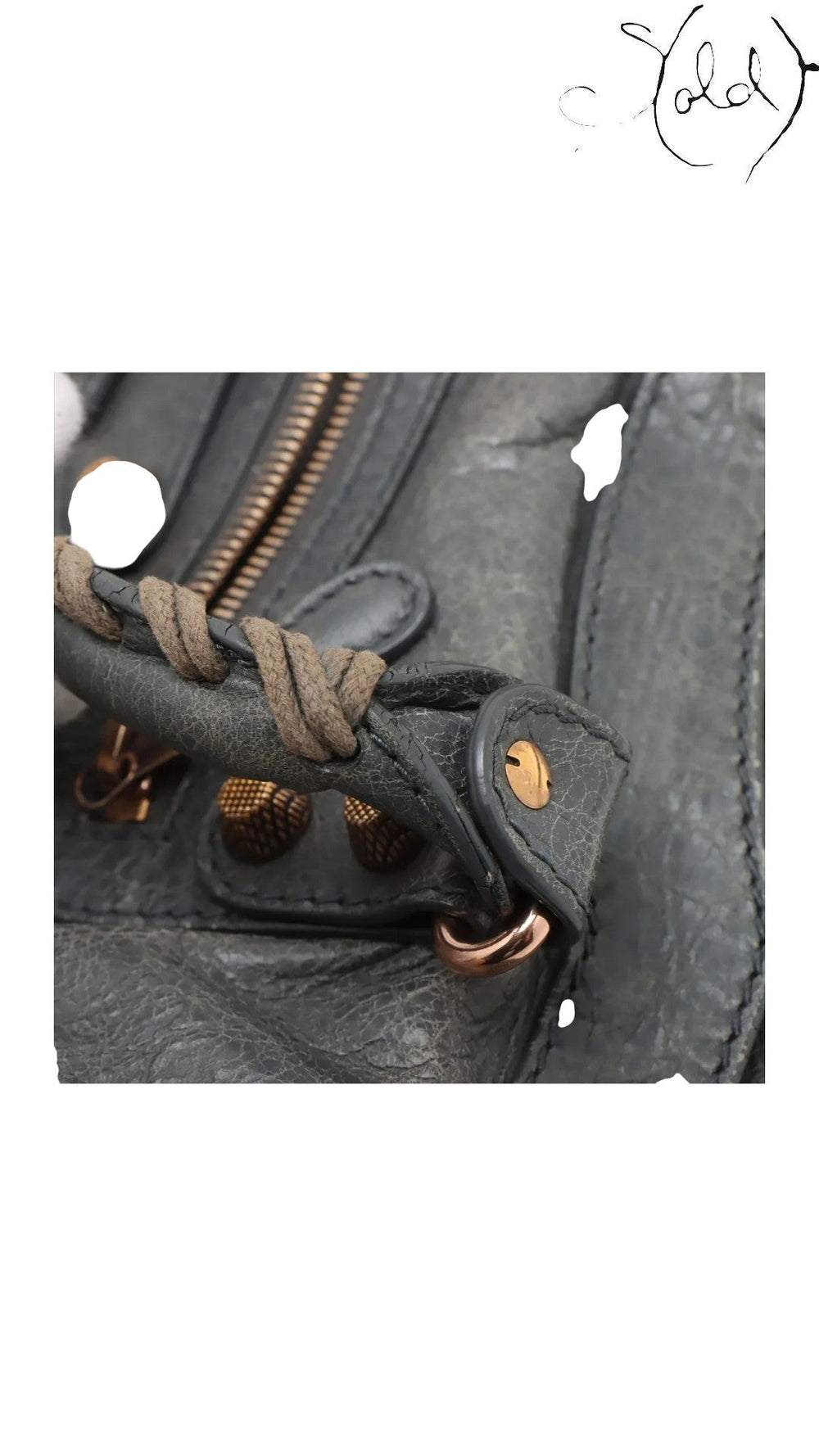 Sold Attire Balenciaga Giant City 2-Way Bag in distressed grey leather with aged brass hardware and braided handles.