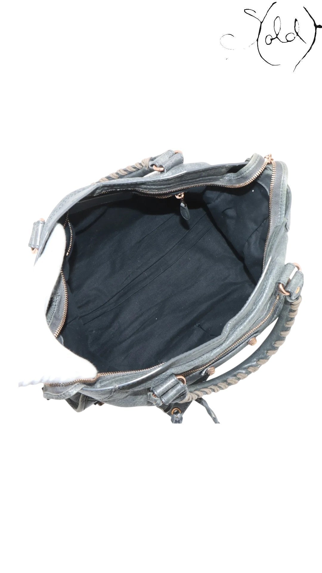 Sold Attire Balenciaga Giant City 2-Way Bag in grey distressed leather with aged metal hardware and braided handles.