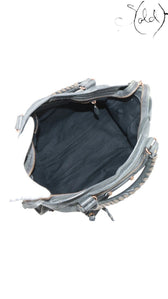 Sold Attire Balenciaga Giant City 2-Way Bag in grey distressed leather with aged metal hardware and braided handles.