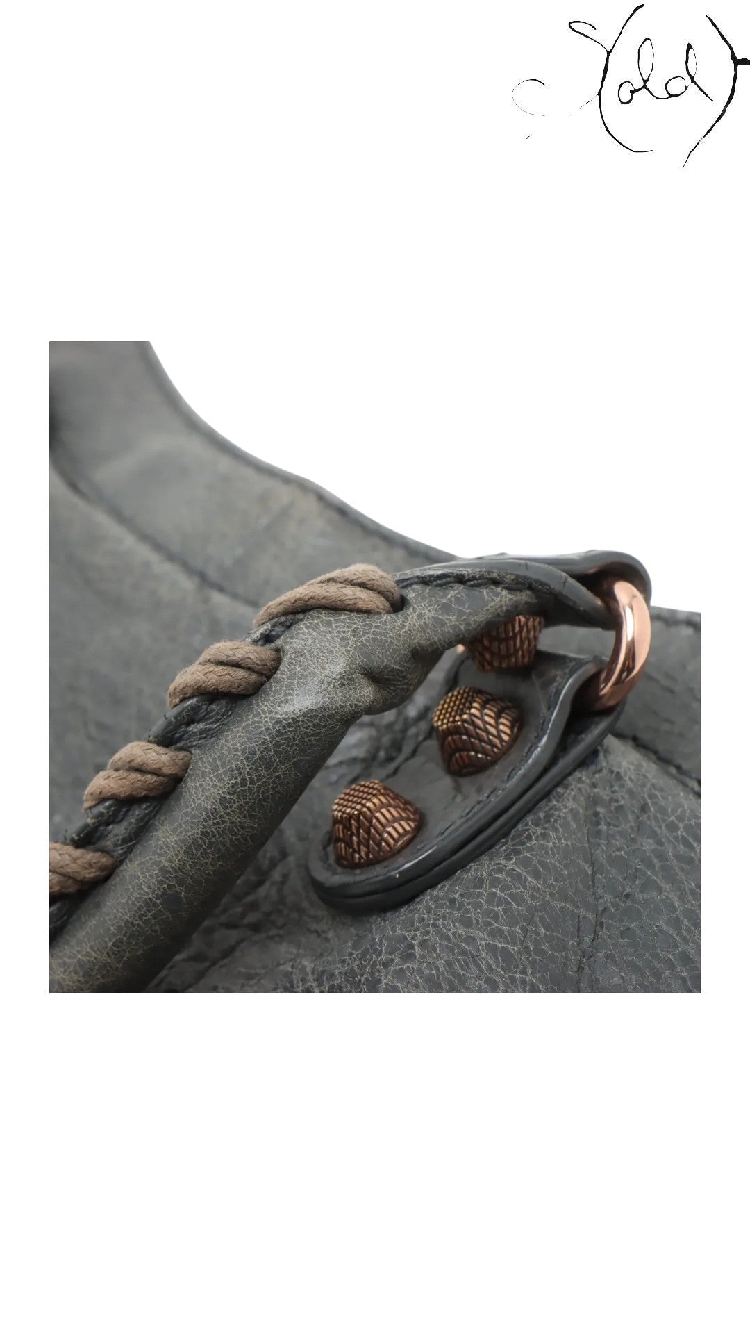 Sold Attire Balenciaga Giant City 2-Way Bag in distressed green leather with rose gold hardware and braided handle.