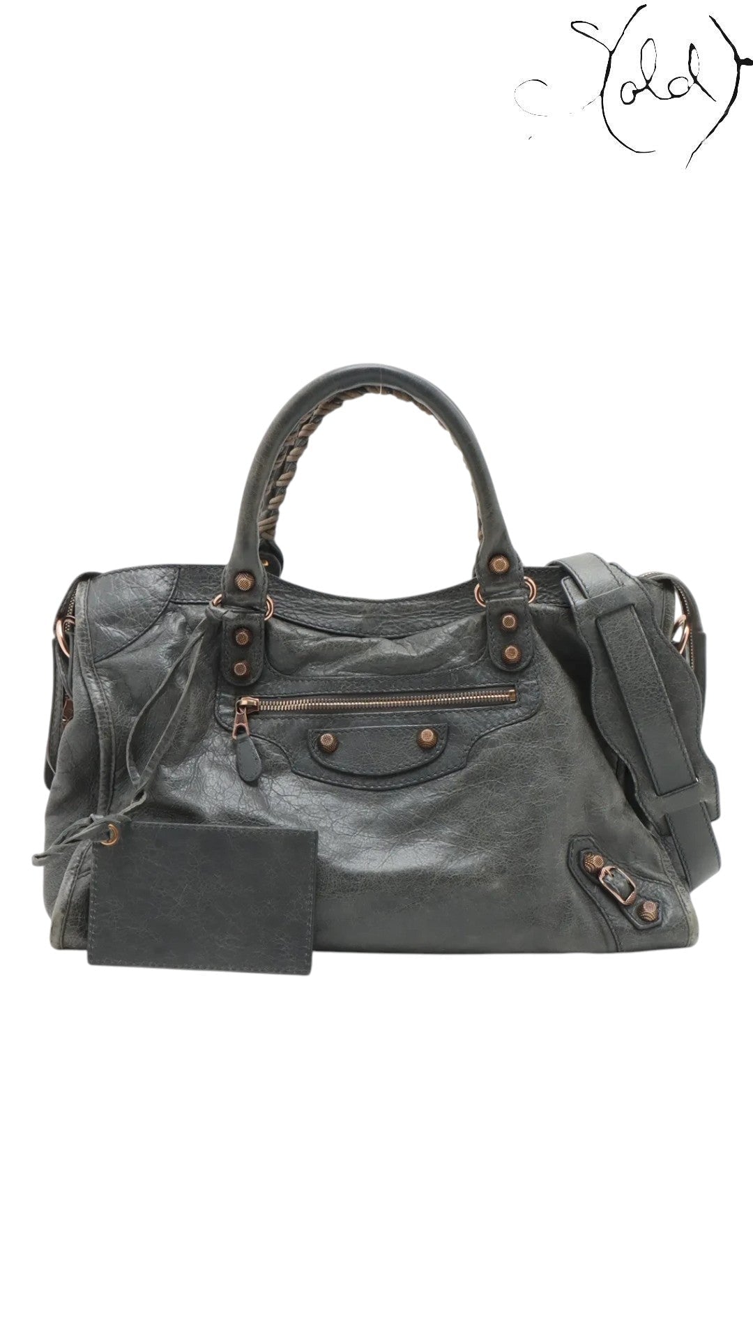 Sold Attire green distressed leather Balenciaga Giant City 2-Way Bag with aged metal hardware and front zip pocket.