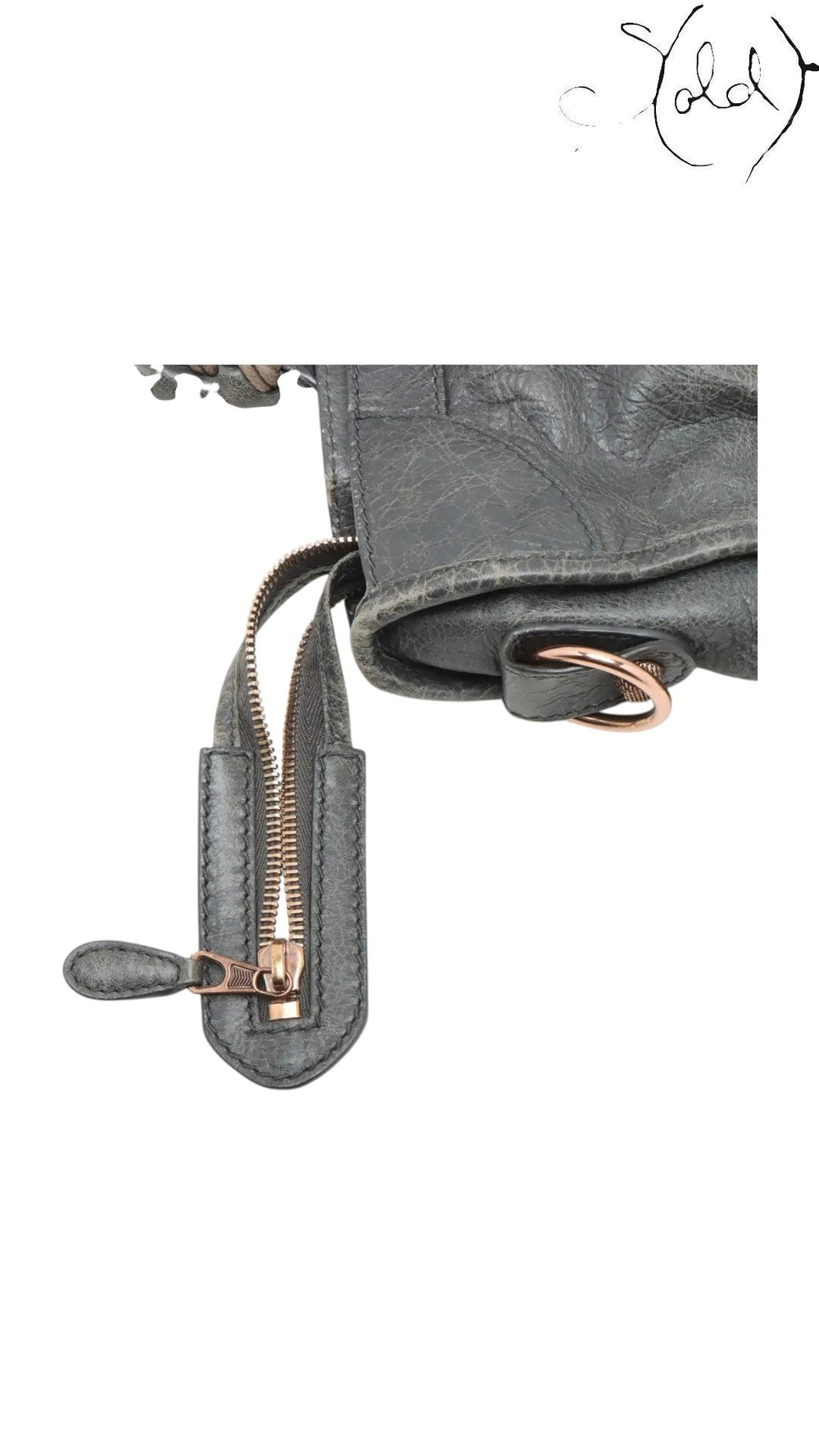Sold Attire Balenciaga Giant City 2-Way Bag in distressed grey leather with rose gold hardware and zip detail.