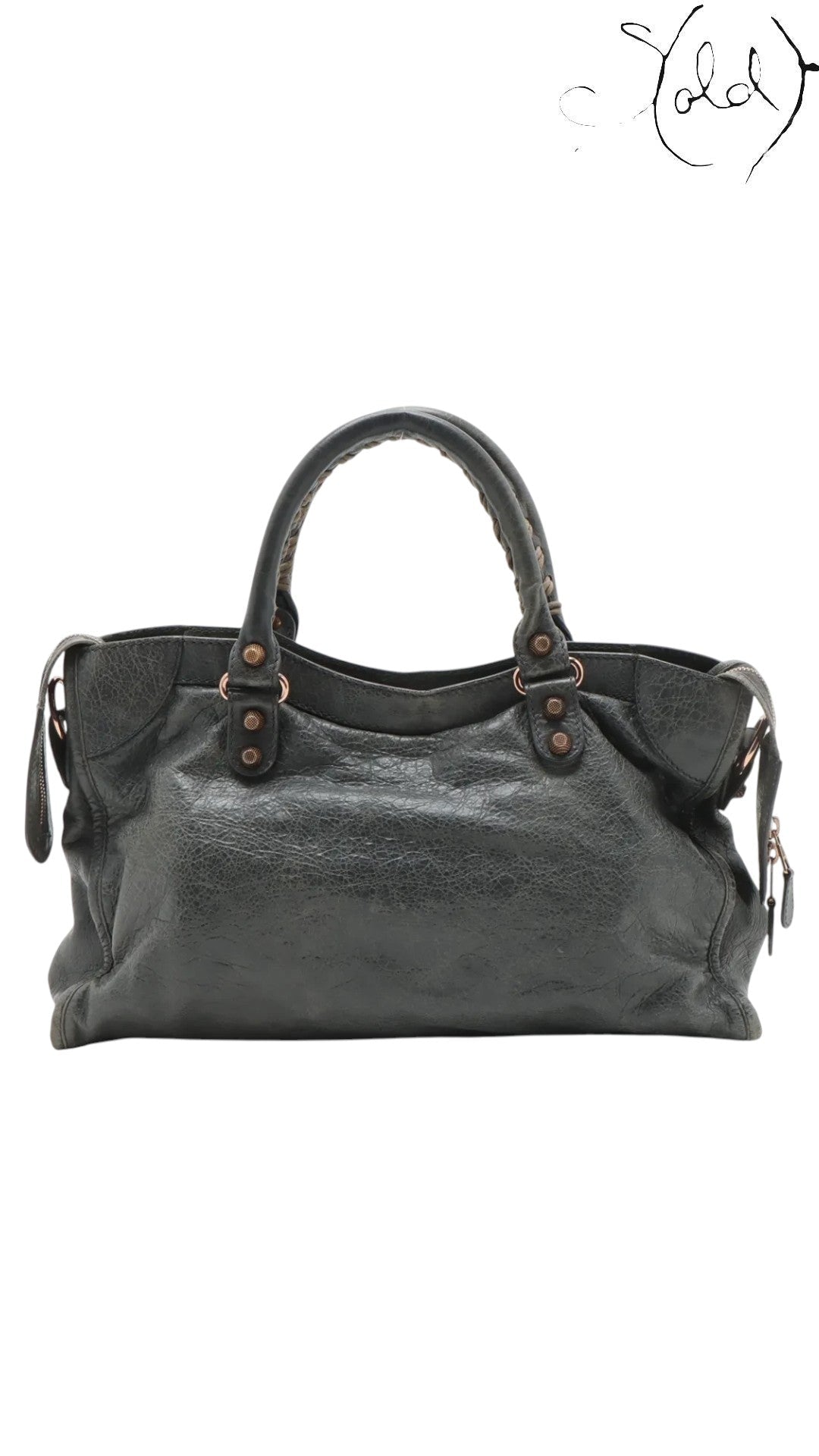Sold Attire Balenciaga Giant City 2-Way Bag in dark green distressed leather with aged metal hardware and braided handles.