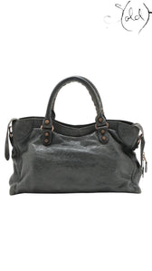 Sold Attire Balenciaga Giant City 2-Way Bag in dark green distressed leather with aged metal hardware and braided handles.