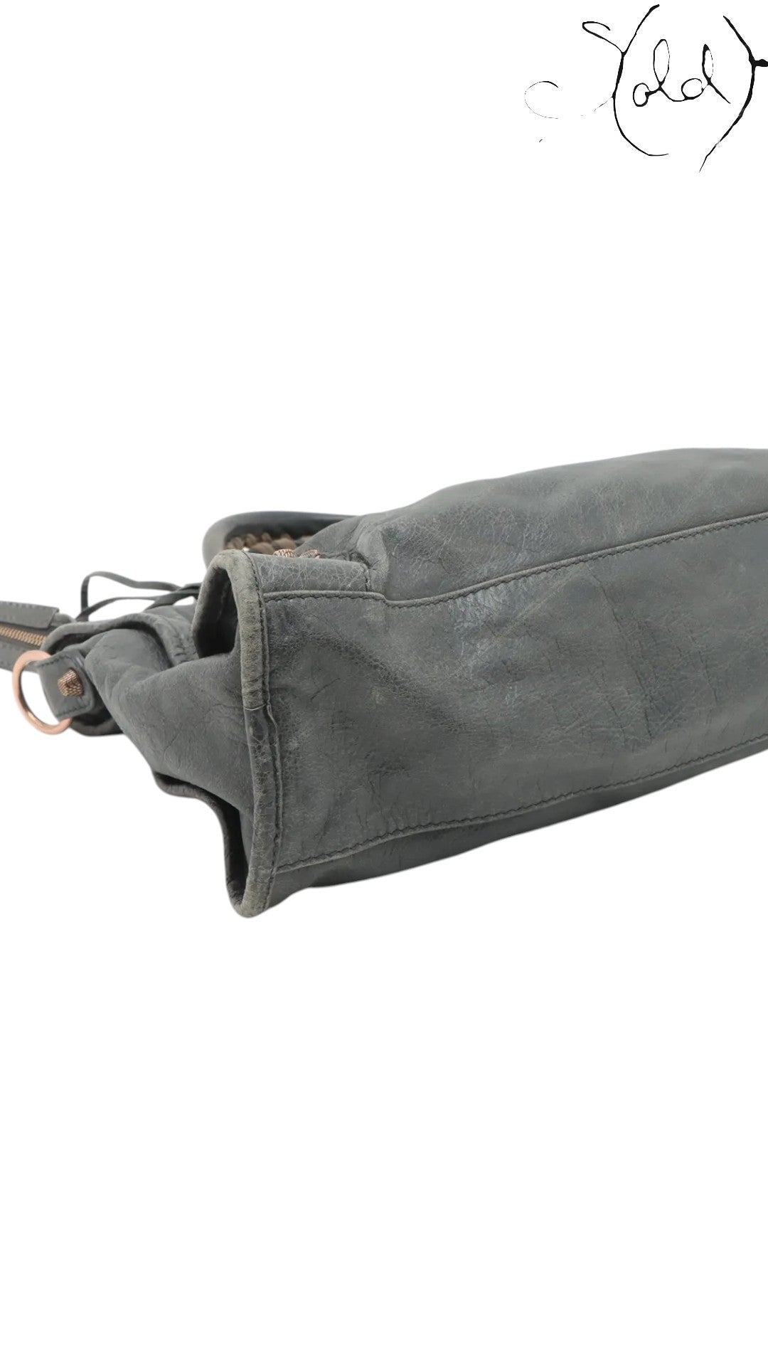 Sold Attire Balenciaga Giant City 2-Way Bag in green distressed leather with aged metal hardware and zip pocket.