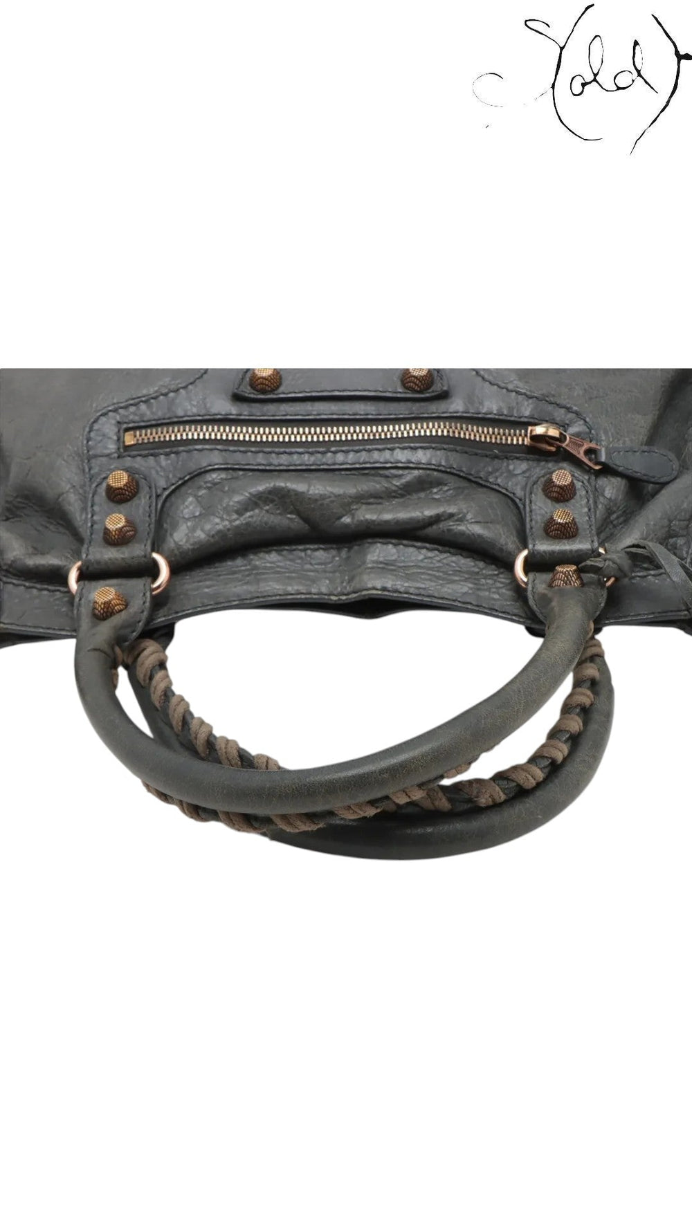Sold Attire Balenciaga Giant City 2-Way Bag in distressed grey leather with aged brass hardware and braided handles.