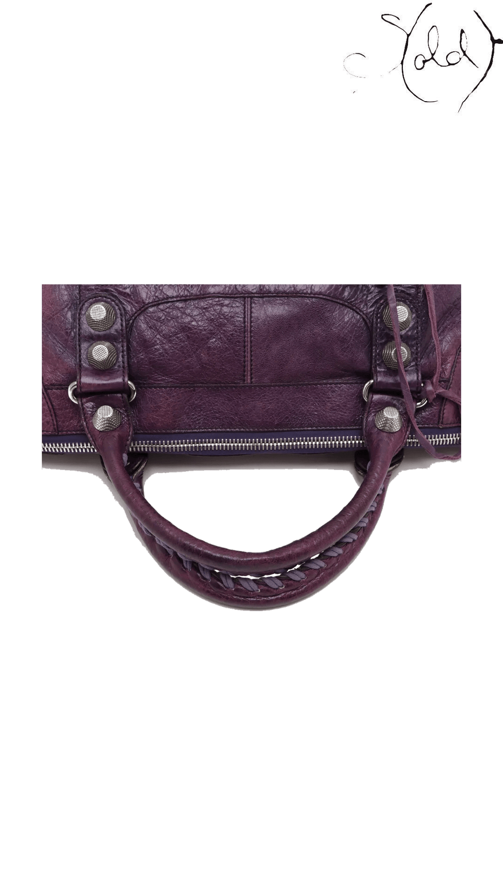 Balenciaga Giant Work Purple Leather Handbag: front handle and zip pocket view
