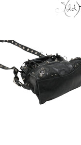 Sold Attire Balenciaga Neo Cagole XS black lambskin bag with silver-tone studs and detachable shoulder strap