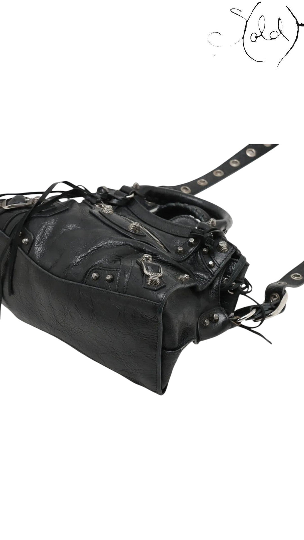 Sold Attire Balenciaga Neo Cagole XS bag in black lambskin leather with silver-tone stud hardware and braided handles.