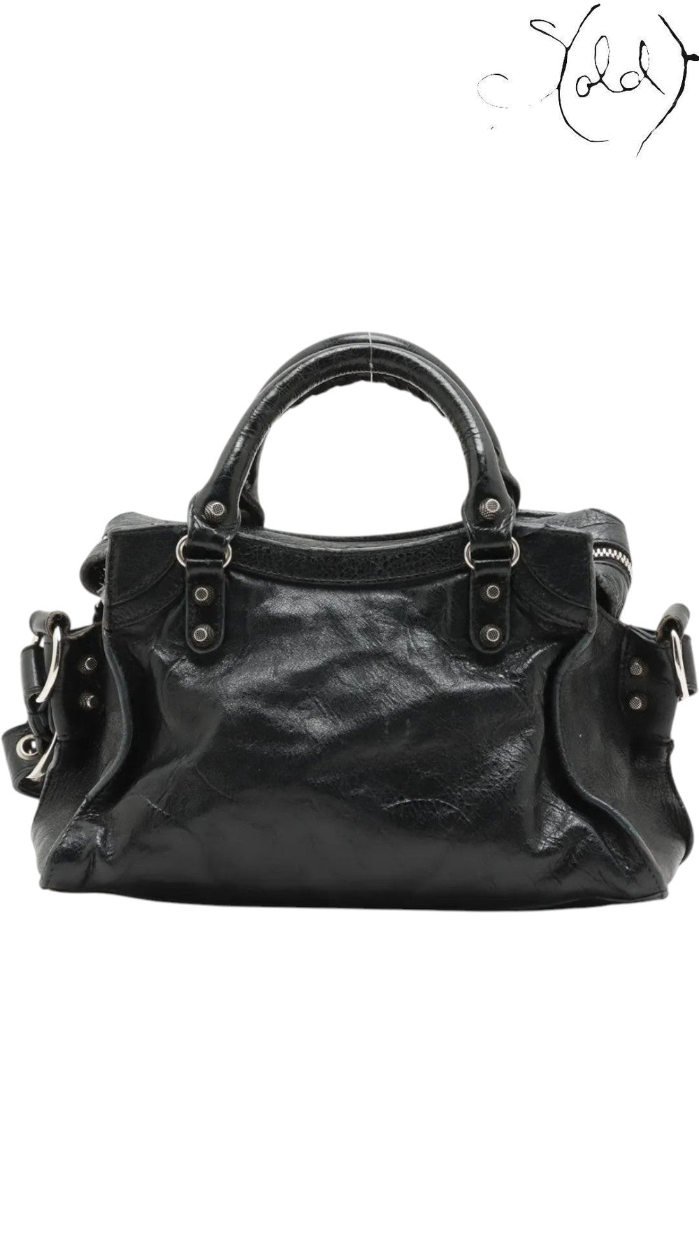 Sold Attire Balenciaga Neo Cagole XS handbag in black lambskin leather with silver-tone stud hardware and braided handles.