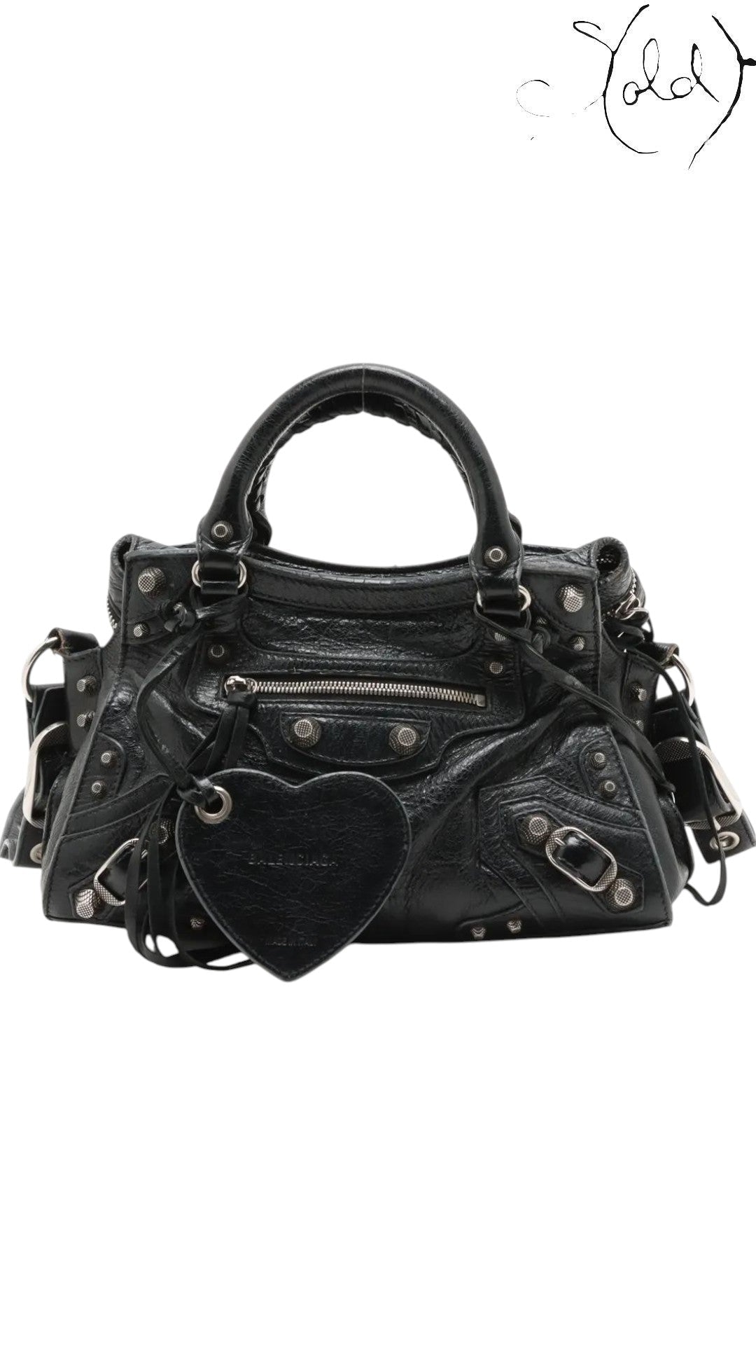 Sold Attire Balenciaga Neo Cagole XS black lambskin handbag with silver stud hardware and heart-shaped mirror tag.