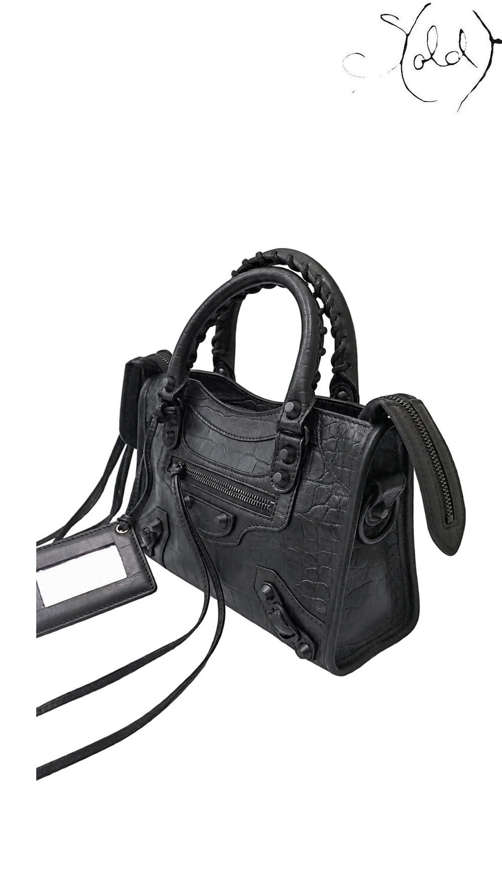 Balenciaga Mini City Black Croc-Embossed Leather Bag, right side angle with mirror