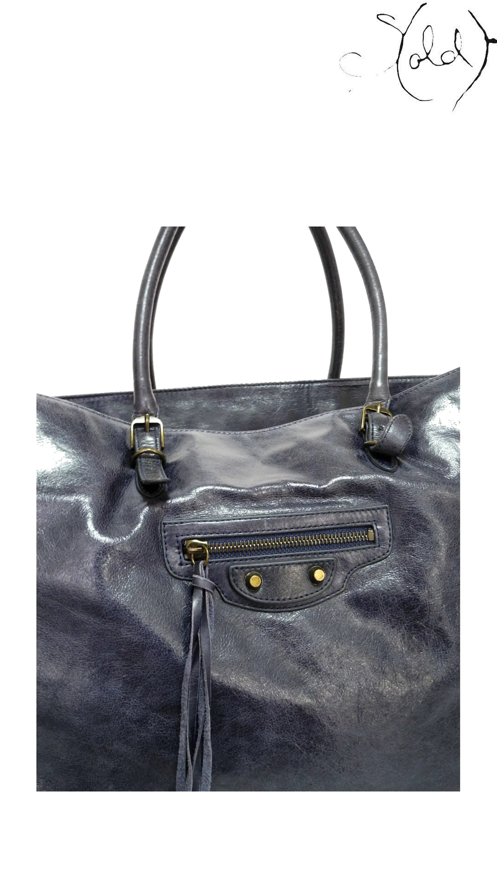 Balenciaga Dark Blue Leather City Tote: front leather detail