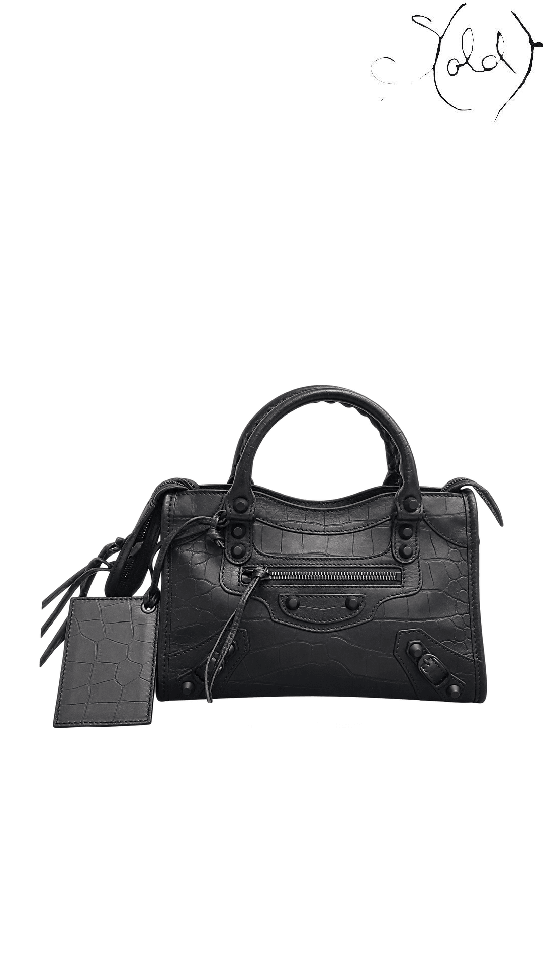 Balenciaga Mini City Black Croc-Embossed Leather Bag, front with mirror