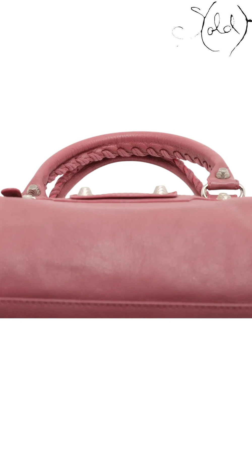 Sold Attire Balenciaga City Giant 12 Rose Bruyere agneau lambskin handbag with braided handle and silver hardware.