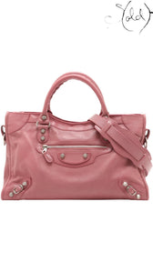 Sold Attire heather pink agneau lambskin Balenciaga City Giant 12 bag with silver hardware and top handles.