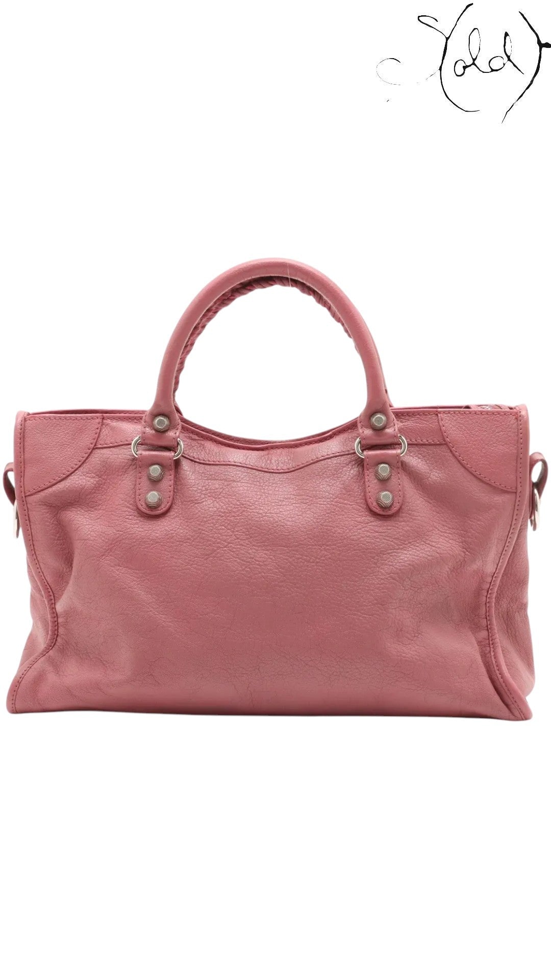 Sold Attire heather pink agneau lambskin Balenciaga City Giant 12 bag with silver hardware and top handles.