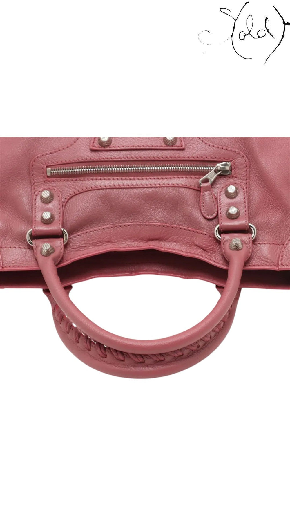 Sold Attire Balenciaga City Giant 12 rose bruyere agneau lambskin handbag with silver hardware and braided handle.