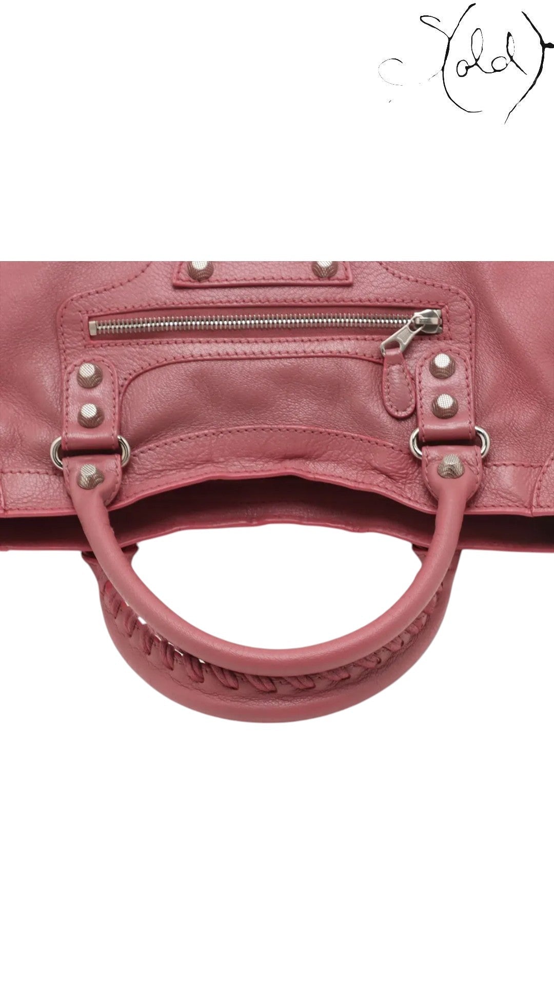 Sold Attire Balenciaga City Giant 12 rose bruyere agneau lambskin handbag with silver hardware and braided handle.