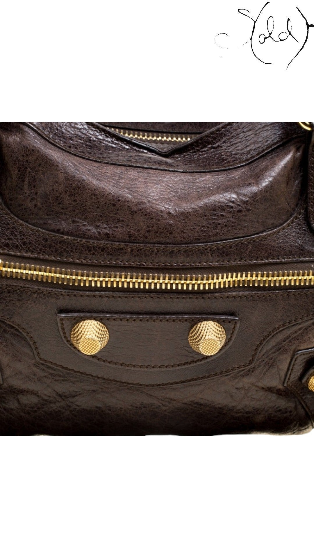 Balenciaga City Giant 21 gold hardware front zip and studs close-up - Sold Attire
