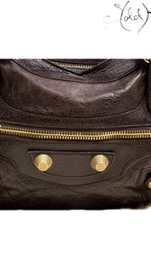Balenciaga City Giant 21 gold hardware front zip and studs close-up - Sold Attire