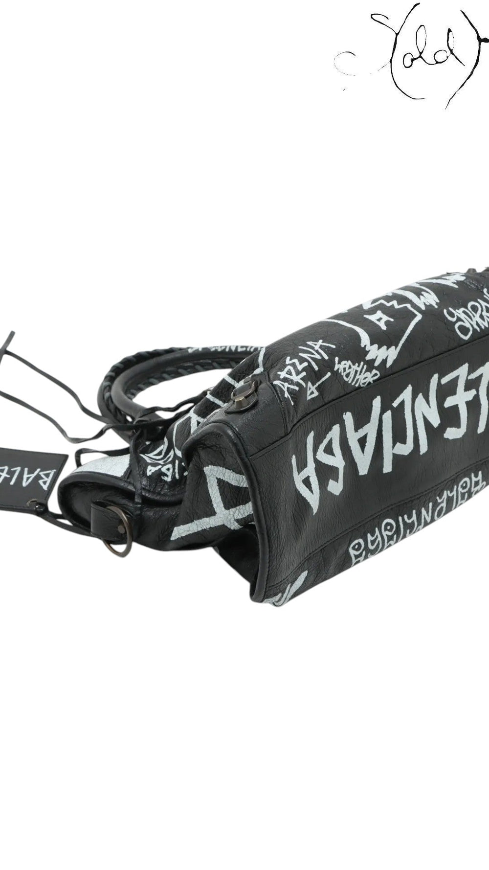 Sold Attire black agneau lambskin Balenciaga Graffiti City Classic Hardware bag with white hand-painted graffiti