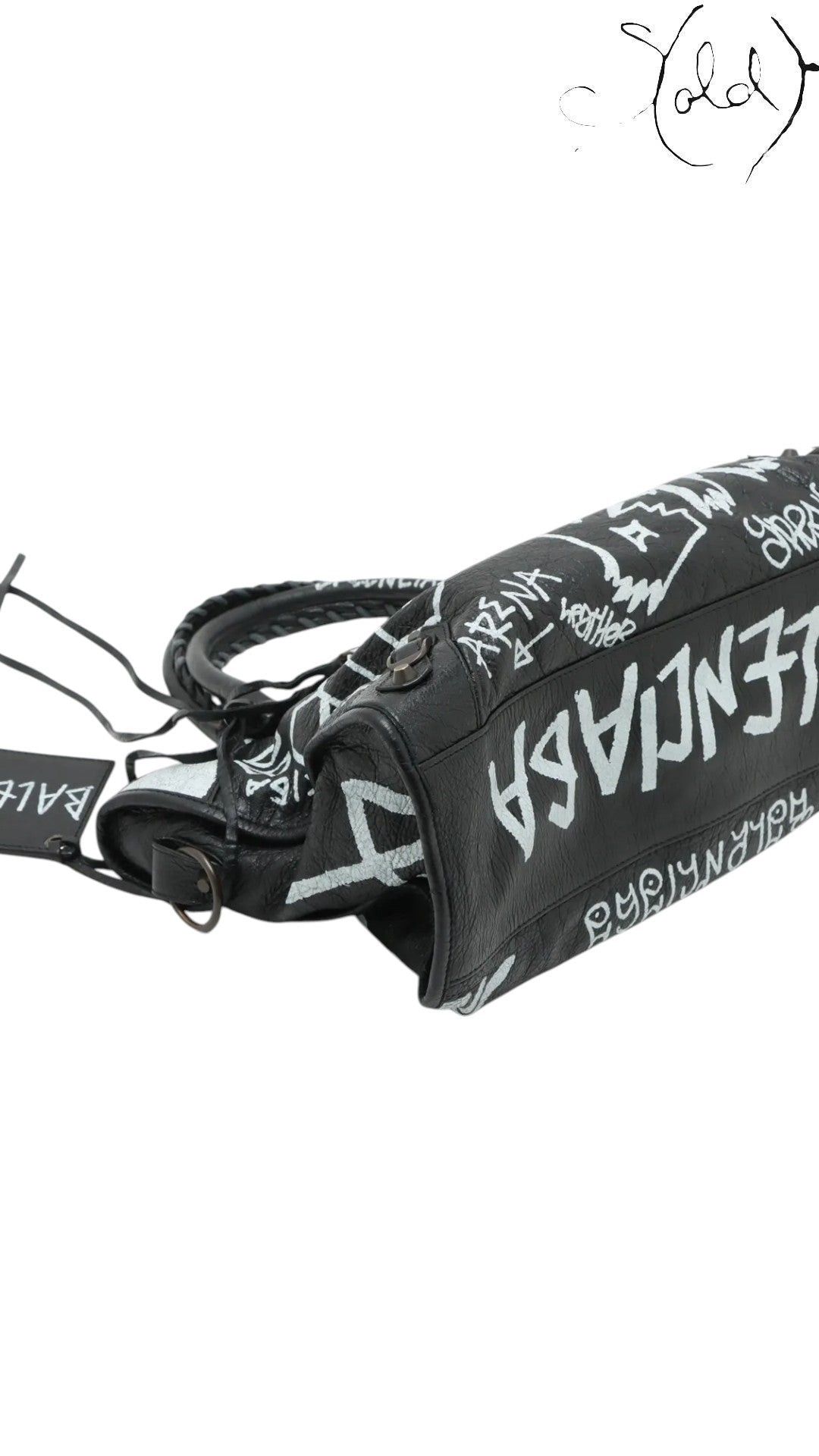 Sold Attire black agneau lambskin Balenciaga Graffiti City Classic Hardware bag with white hand-painted graffiti