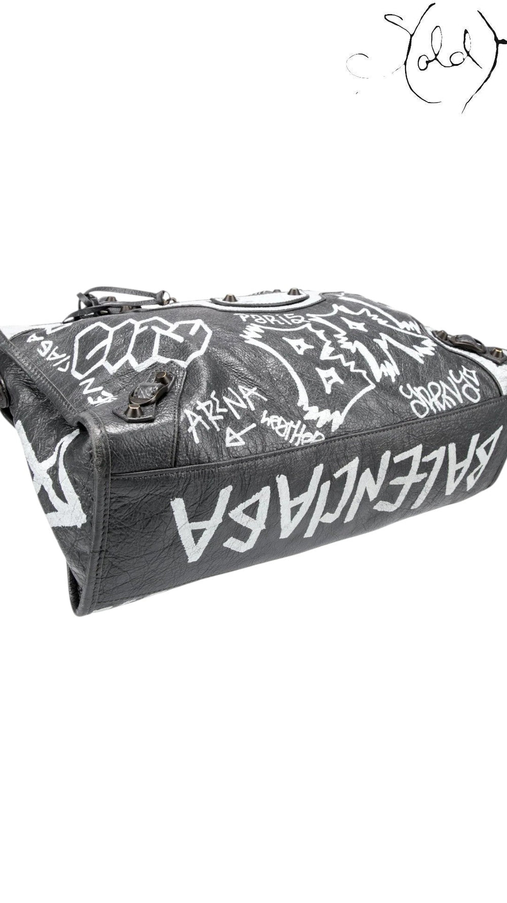 Sold Attire black agneau lambskin Balenciaga Graffiti City bag with white hand-painted graffiti and classic hardware.