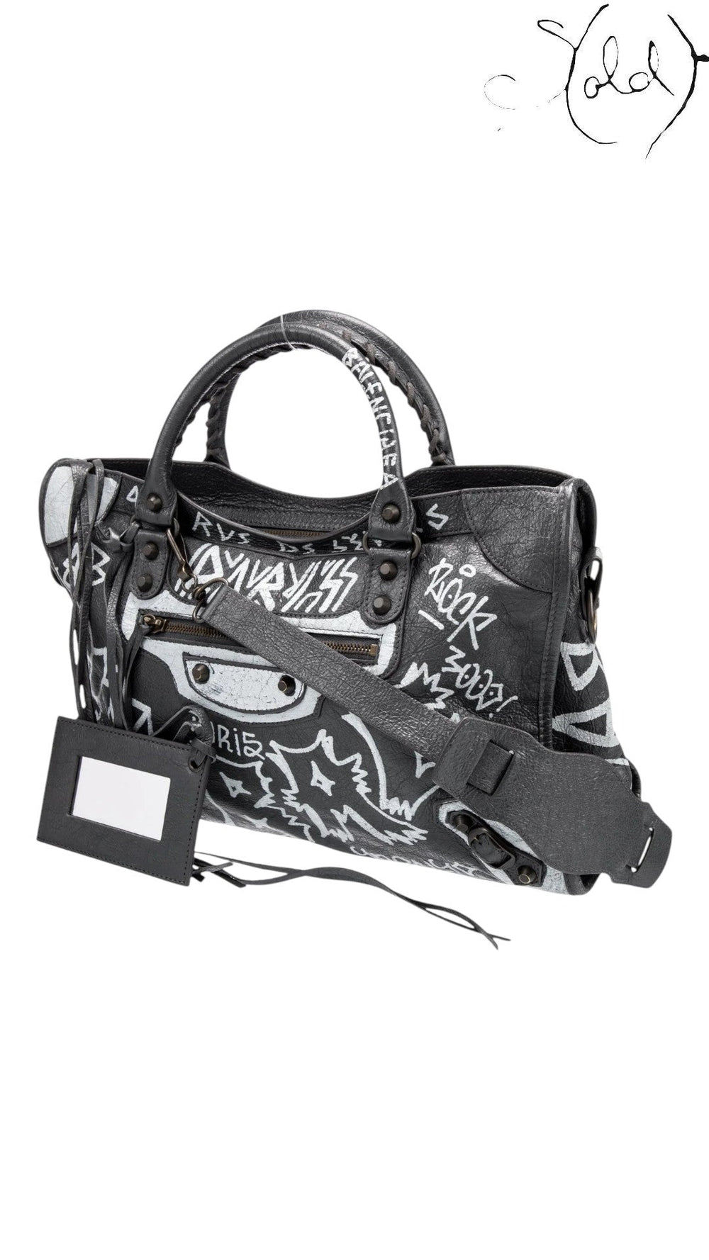 Sold Attire black agneau lambskin Balenciaga Graffiti City Classic Hardware bag with white hand-painted graffiti and a detachable shoulder strap.