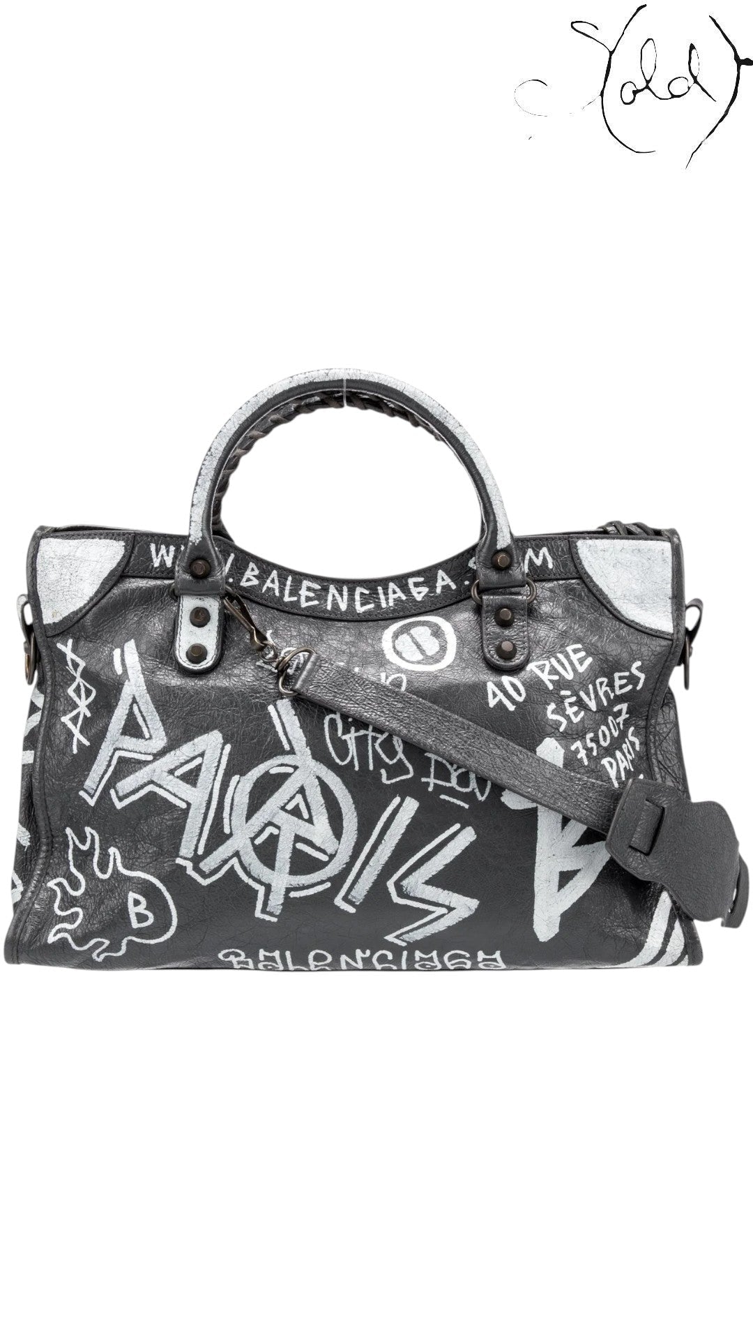 Sold Attire black agneau lambskin Balenciaga Graffiti City bag with white hand-painted graffiti and classic hardware.