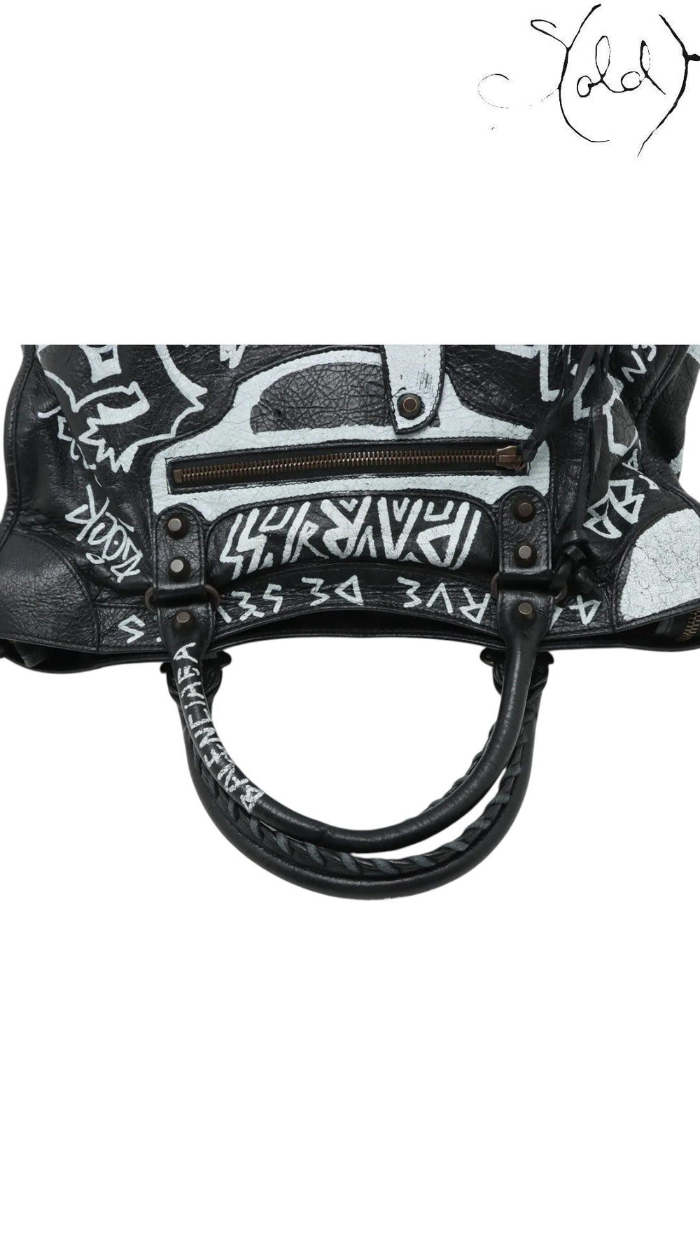 Sold Attire black agneau lambskin Balenciaga Graffiti City Classic Hardware bag with white hand-painted graffiti details and braided handles.
