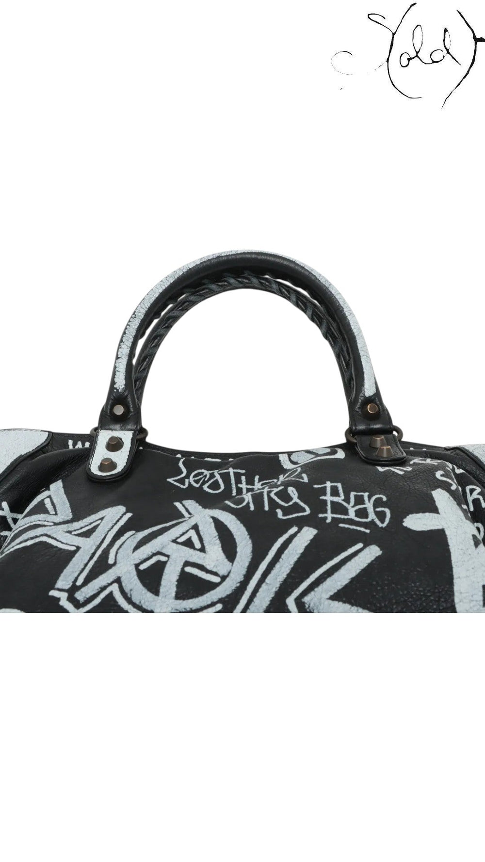 Sold Attire black agneau lambskin Balenciaga Graffiti City bag with white hand-painted graffiti and braided top handles.