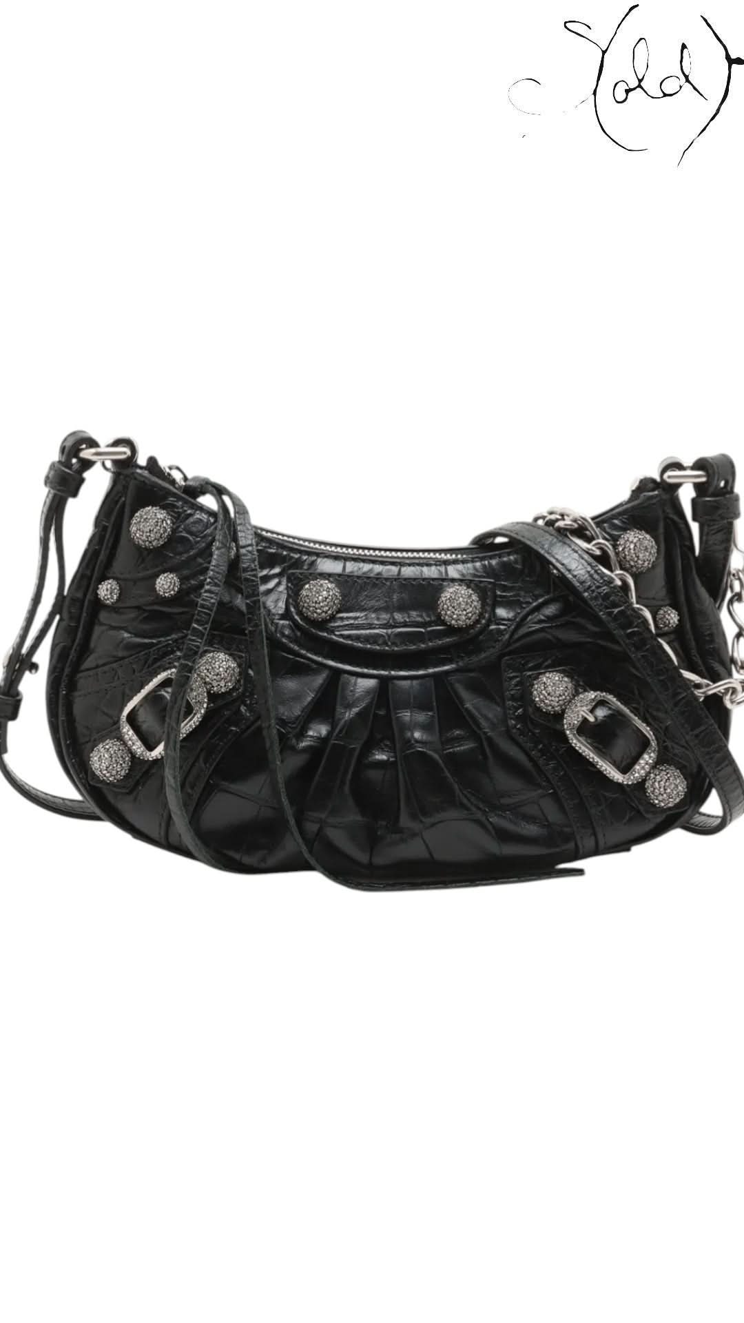 Balenciaga Shoulder Bag Balenciaga Le Cagole Mini Black Crocodile - Embossed Calfskin Rhinestone Chain 2023 | Sold Attire