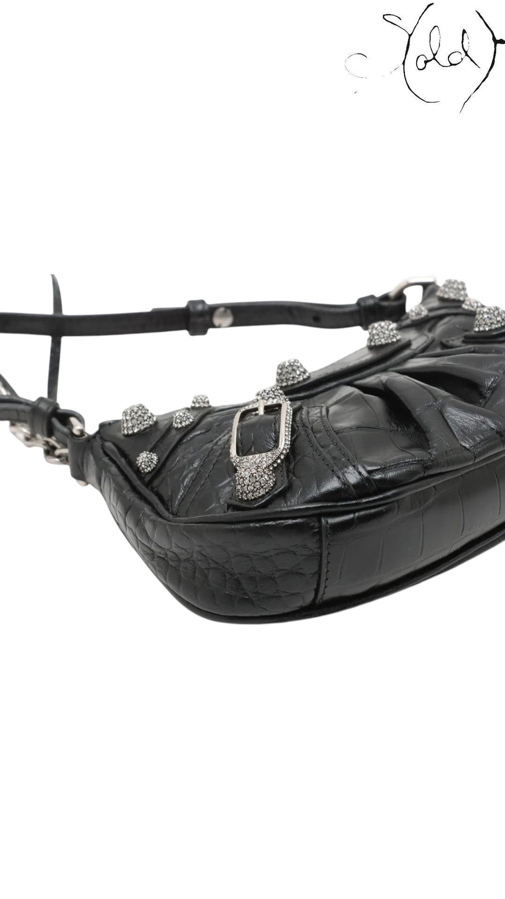 Balenciaga Le Cagole Mini Black Crocodile-Embossed Calfskin Rhinestone Chain 2023, Detail view | Sold Attire