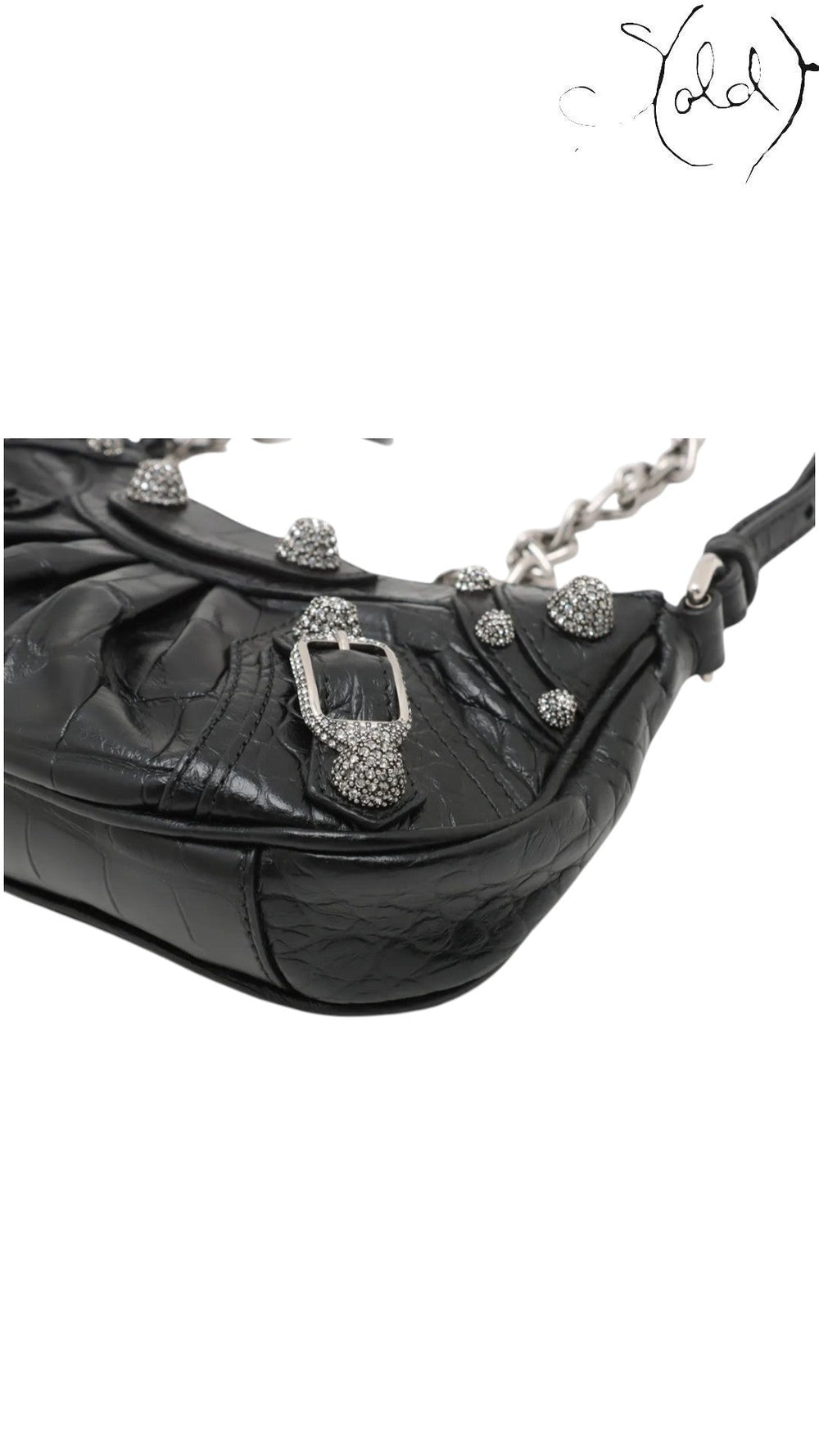 Balenciaga Le Cagole Mini Black Crocodile-Embossed Calfskin Rhinestone Chain 2023, Interior view | Sold Attire